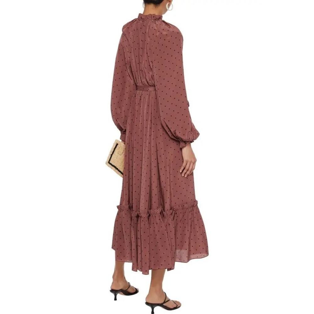 Zimmermann Polka-Dot Belted Midi Dress Purple Silk Crepe de Chine Size 0 - Picture 2 of 7